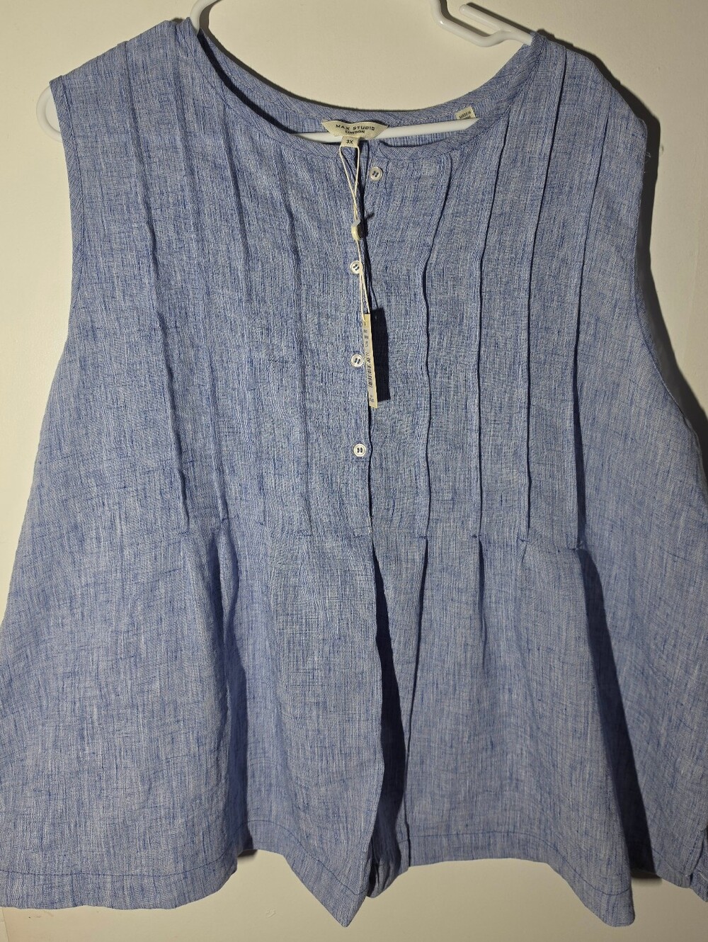 Max Studio Light Blue Pintuck Sleeveless Linen-Blend Top